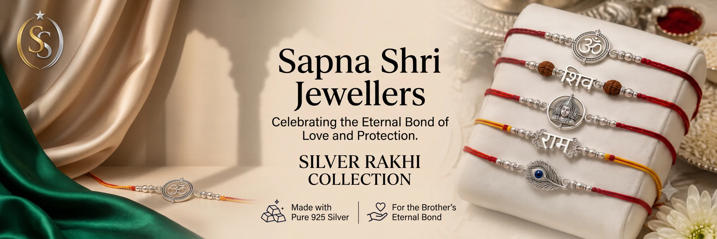 Pure 925 Silver Rakhi for Brother | Trendy Bracelet Rakhis. Raksha Bandhan pure 925 silver rakhis for brothers, kids, and siblings at Sapna Shri Jewellers