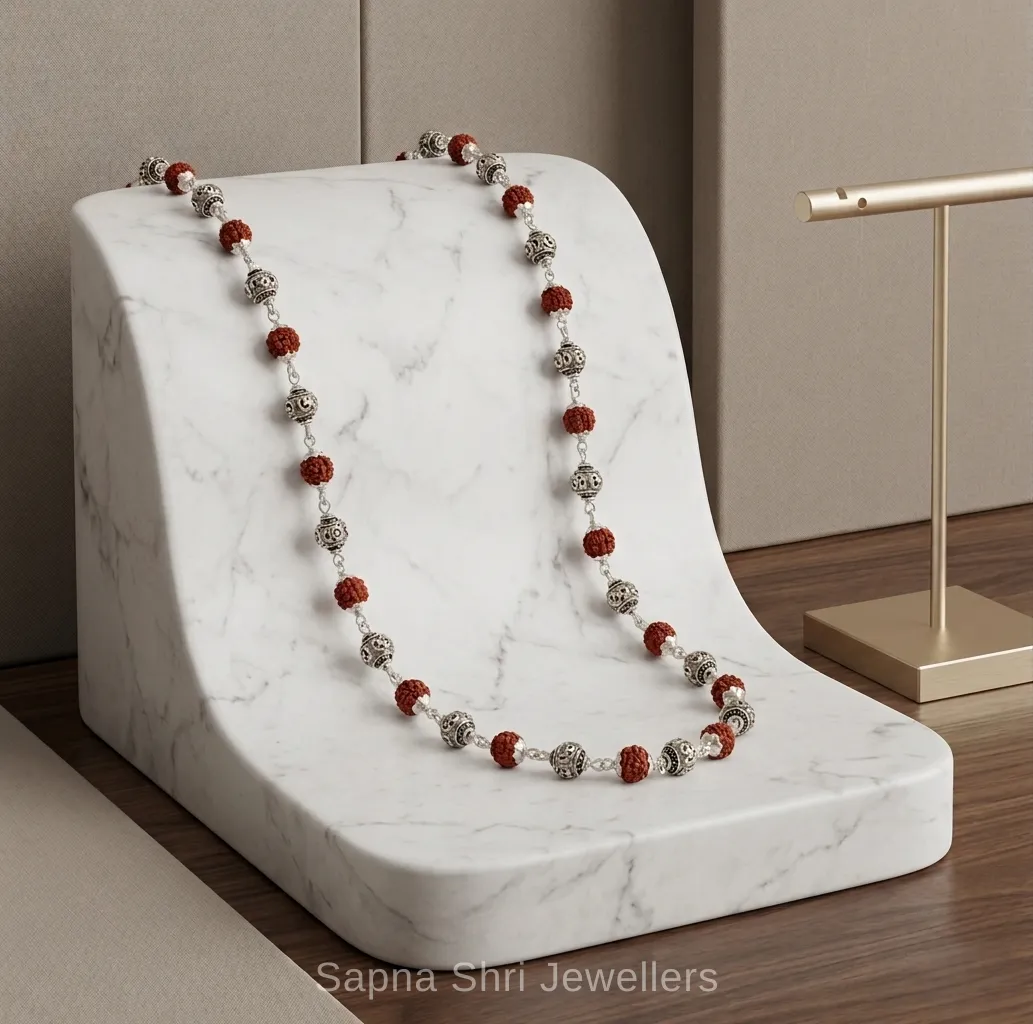 Antique Om Silver Rudraksha Mala - Image 1 of 4 Antique Om Silver Rudraksha Mala - View 1