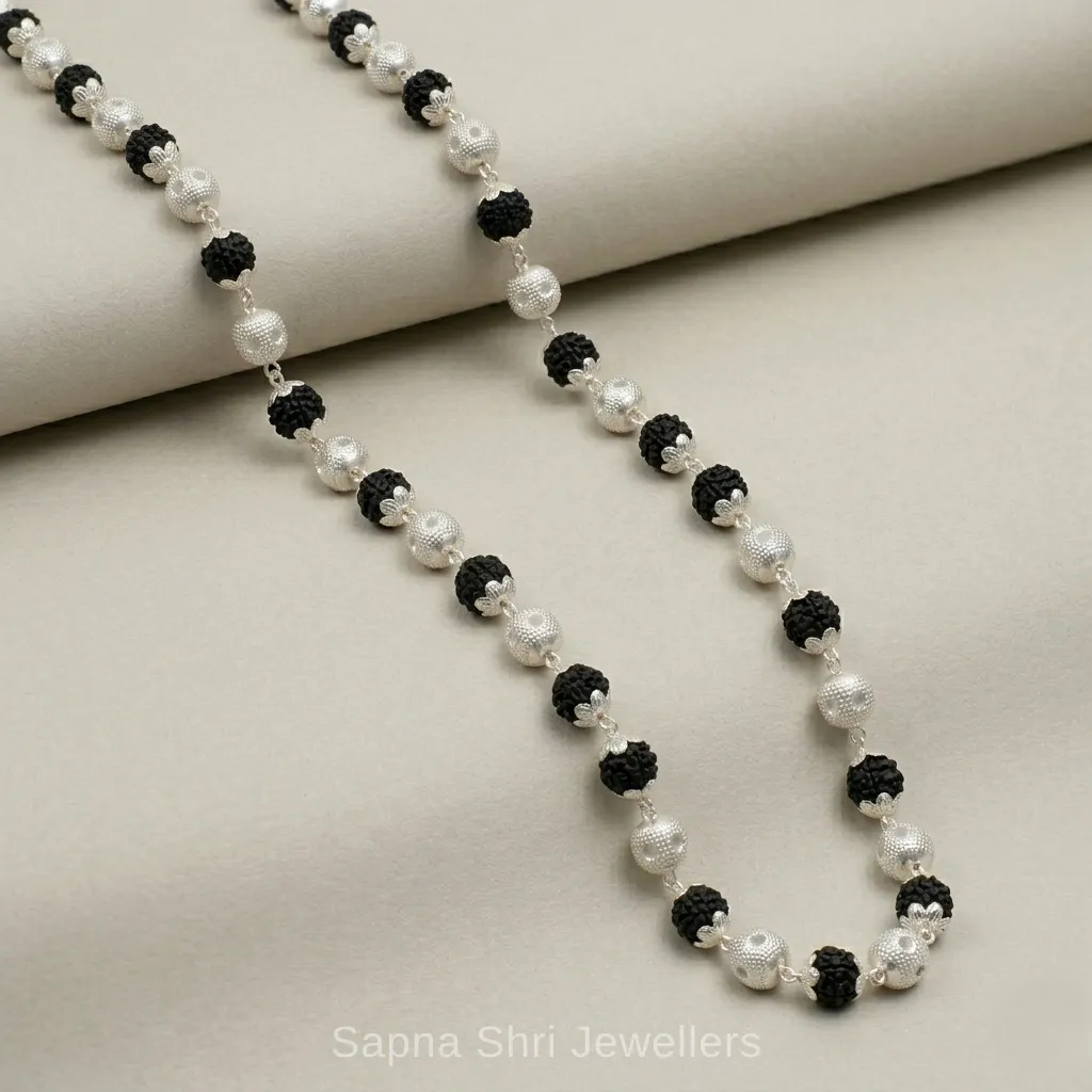 Oxidised Rudraksha Mala with Silver Round Beads - Image 1 of 4 Oxidised Rudraksha Mala with Silver Round Beads - View 1