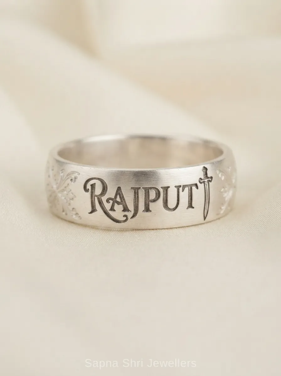 Rajput Name Engraved 925 Sterling Silver Sword Band Ring - Image 1 of 3 Rajput Name Engraved 925 Sterling Silver Sword Band Ring - View 1