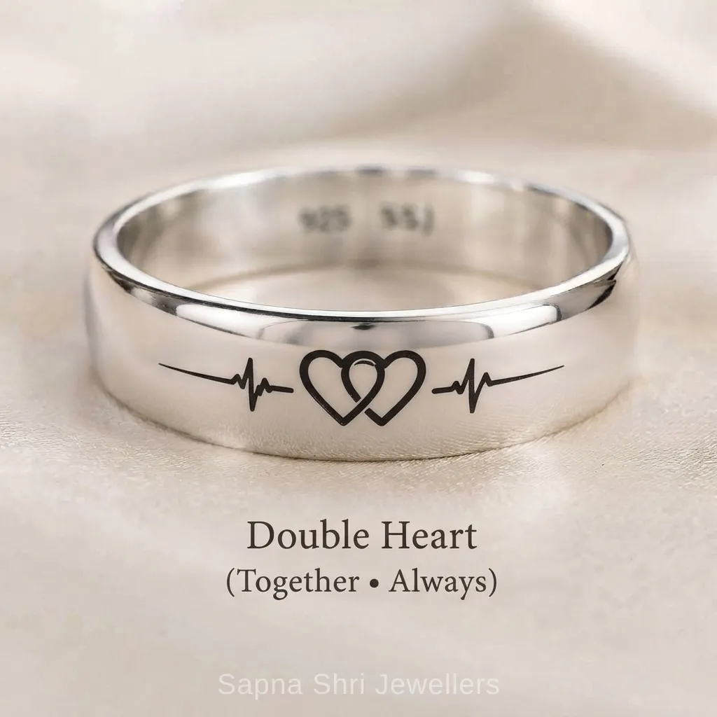 Double Heart Beat Design Silver Couple Ring - Image 1 of 2 Double Heart Beat Design Silver Couple Ring - View 1