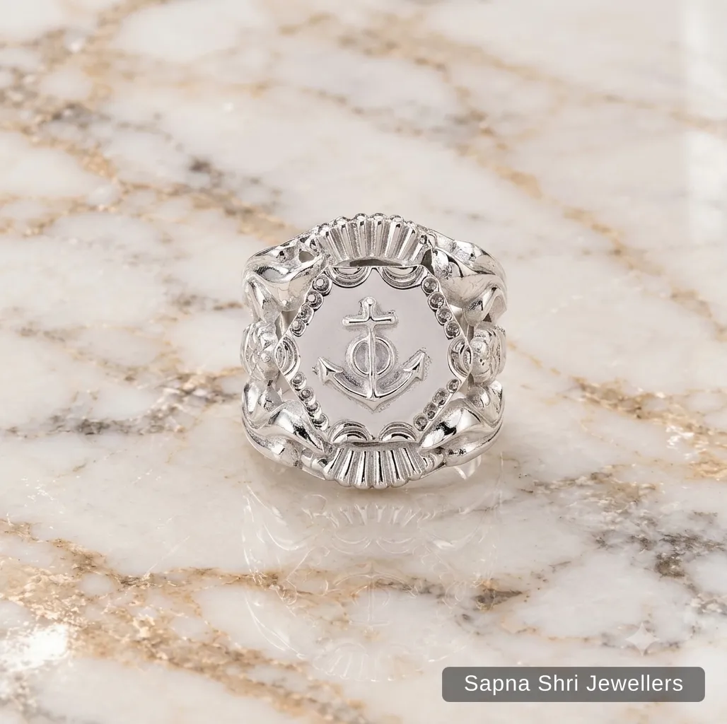 925 Pure Silver Nautical Anchor Symbol Signet Ring for Men - Image 1 of 4 925 Pure Silver Nautical Anchor Symbol Signet Ring for Men - View 1