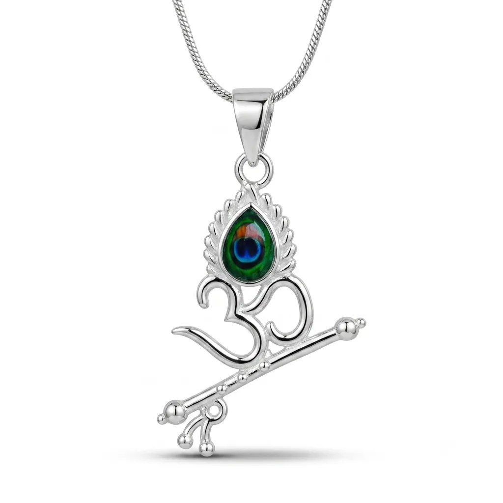 Om Trishul Damru Peacock Feather Silver Pendant - Image 1 of 4 Om Trishul Damru Peacock Feather Silver Pendant - View 1