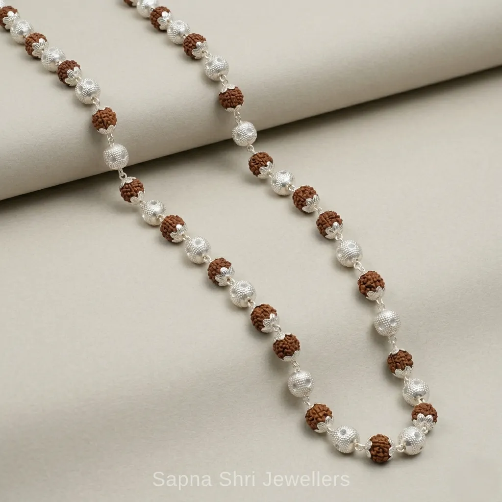 Original Silver Rudraksha Mala with Silver Round Beads - Image 1 of 4 Original Silver Rudraksha Mala with Silver Round Beads - View 1