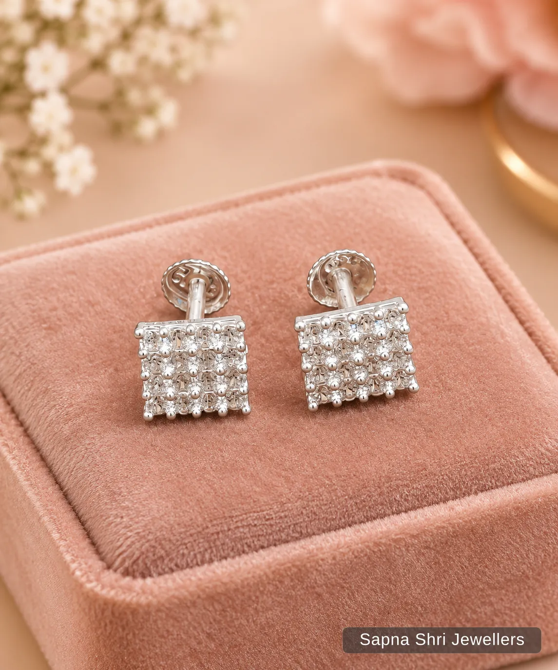Square Cluster Diamond Silver Studs - Image 1 of 4 Square Cluster Diamond Silver Studs - View 1