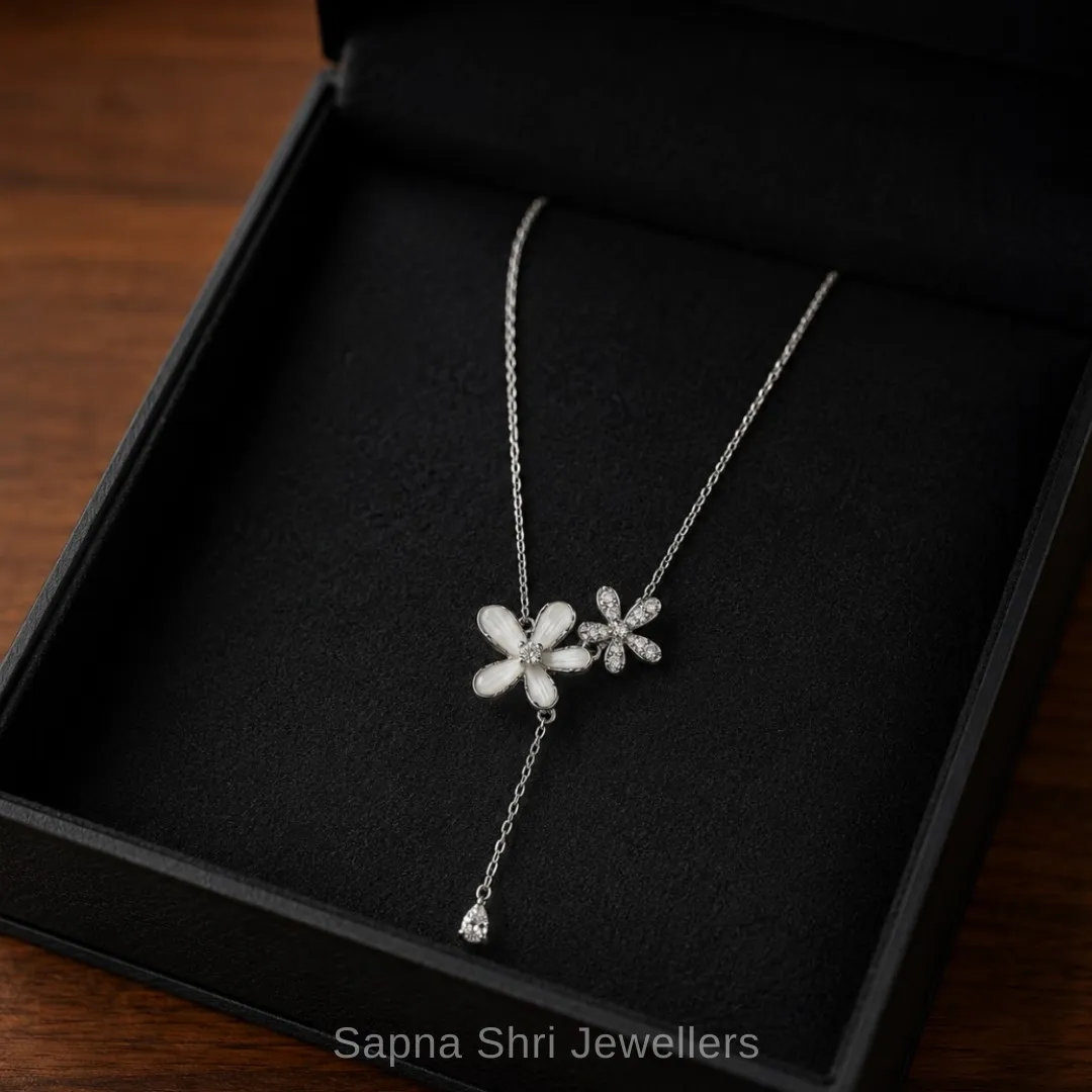 Elegant Dual Flower Silver Chain Pendant Set for Daily Wear - Image 1 of 4 Elegant Dual Flower Silver Chain Pendant Set for Daily Wear - View 1