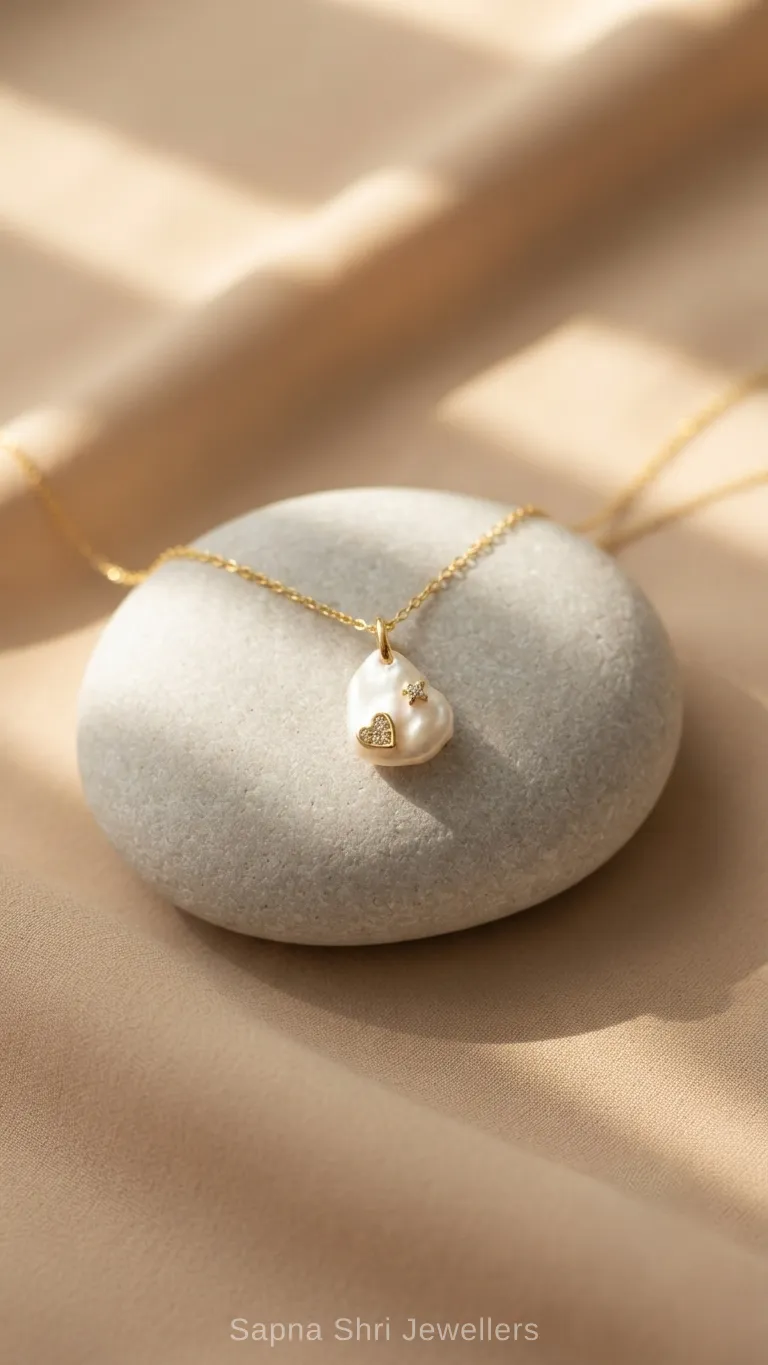 Designer Baroque Gold Polish Pearl Pendant with Zircon Heart and Star in 925 Silver - Image 1 of 4 Designer Baroque Gold Polish Pearl Pendant with Zircon Heart and Star in 925 Silver - View 1