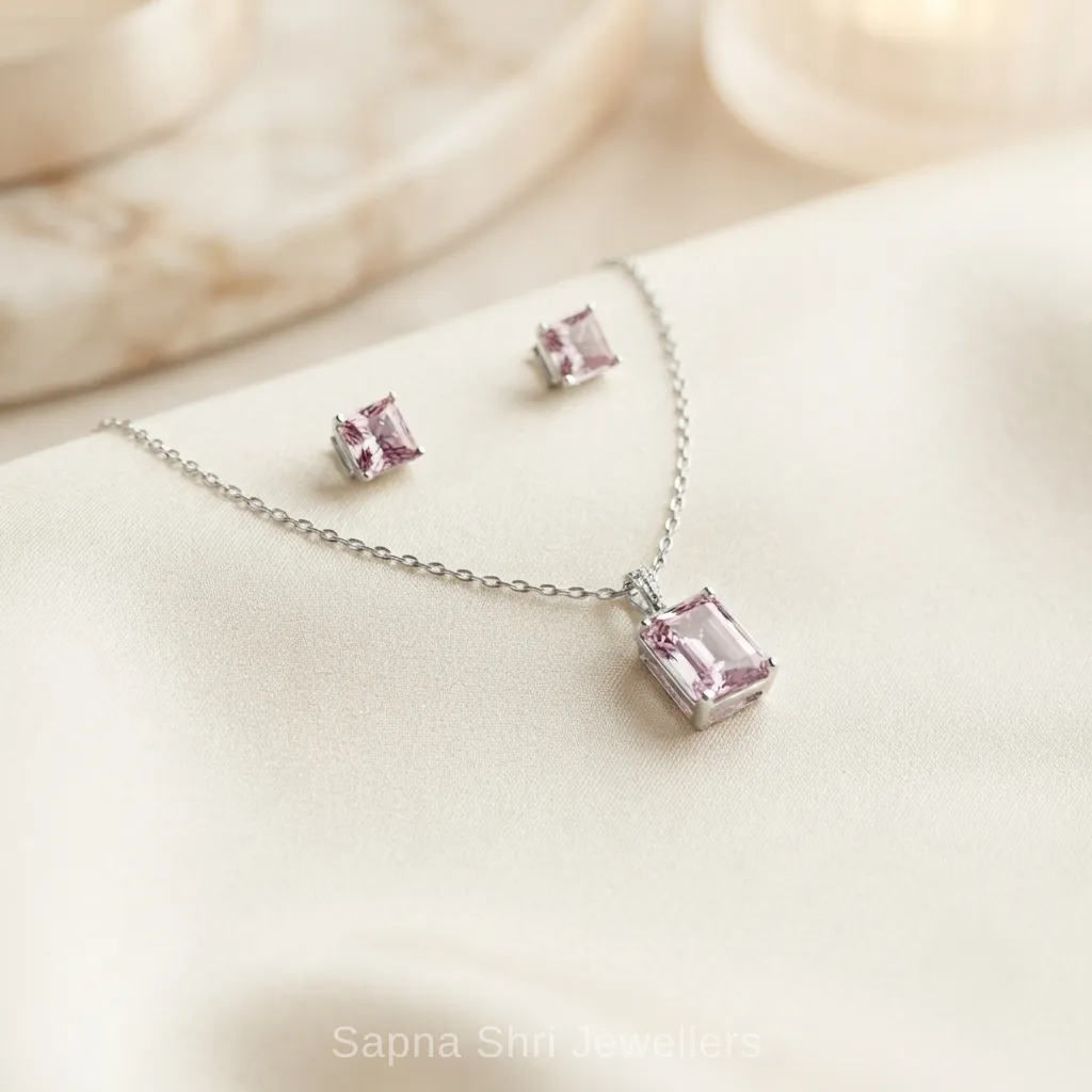 925 Sterling Silver Pink Stone Chain Pendant Set for Girls - Image 1 of 4 925 Sterling Silver Pink Stone Chain Pendant Set for Girls - View 1