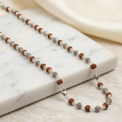 Silver Rudraksha Mala with Oxidised Silver Beads - Sapna Shri Jewellers