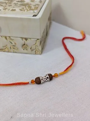 925 Silver Rudraksha Cap Rakhi with Elegant Silver Detailing - Sapna Shri Jewellers