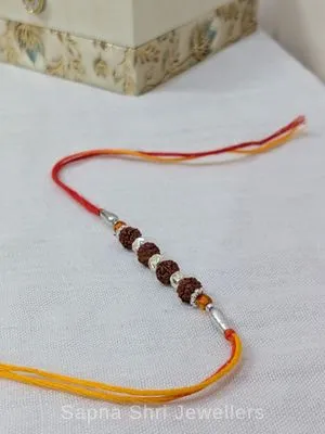 925 Silver Five Rudraksha Rakhi with Silver Beads & Traditional Thread - Sapna Shri Jewellers