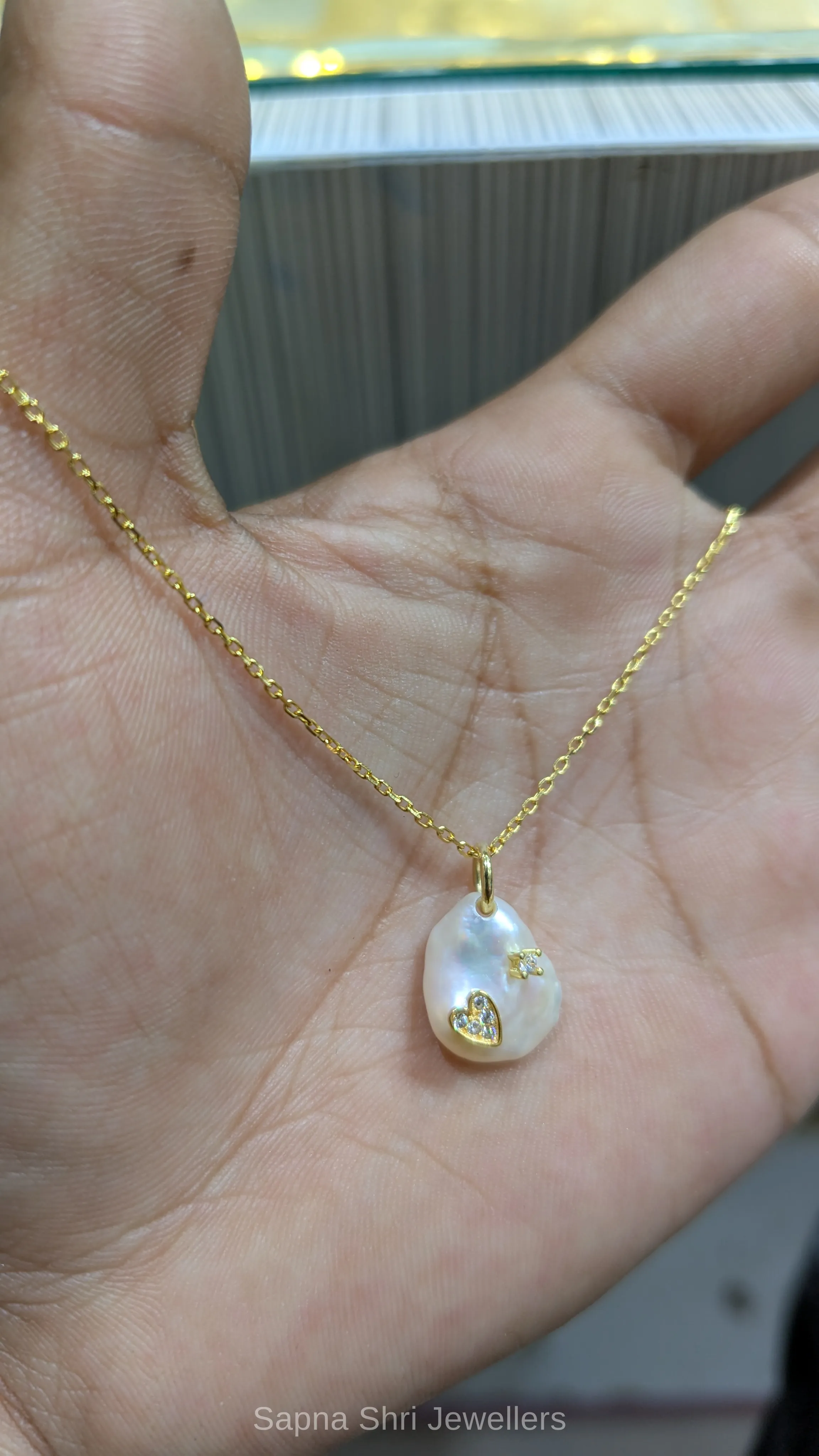 Designer Baroque Gold Polish Pearl Pendant with Zircon Heart and Star in 925 Silver thumbnail 2