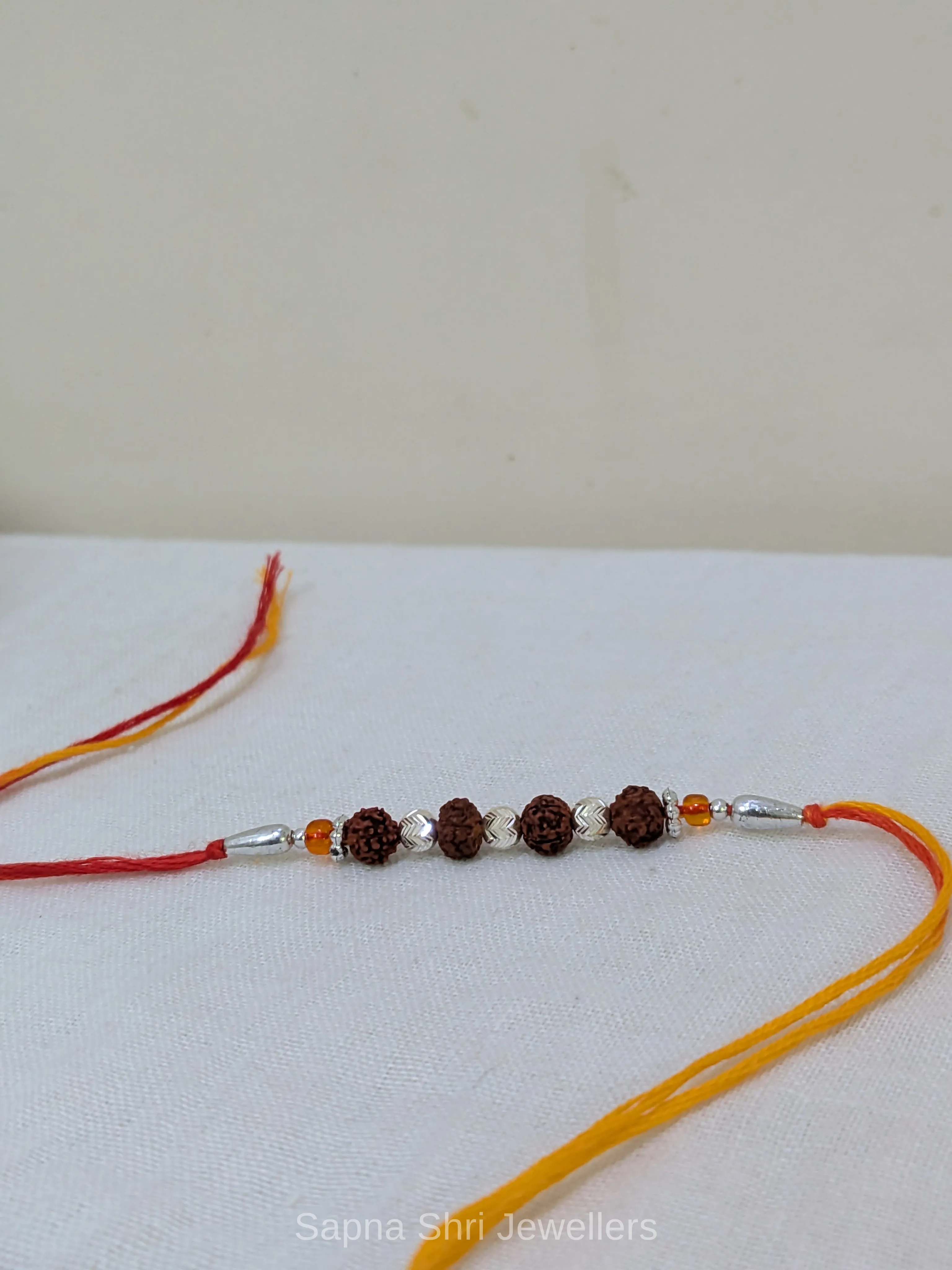 925 Silver Five Rudraksha Rakhi with Silver Beads & Traditional Thread thumbnail 3