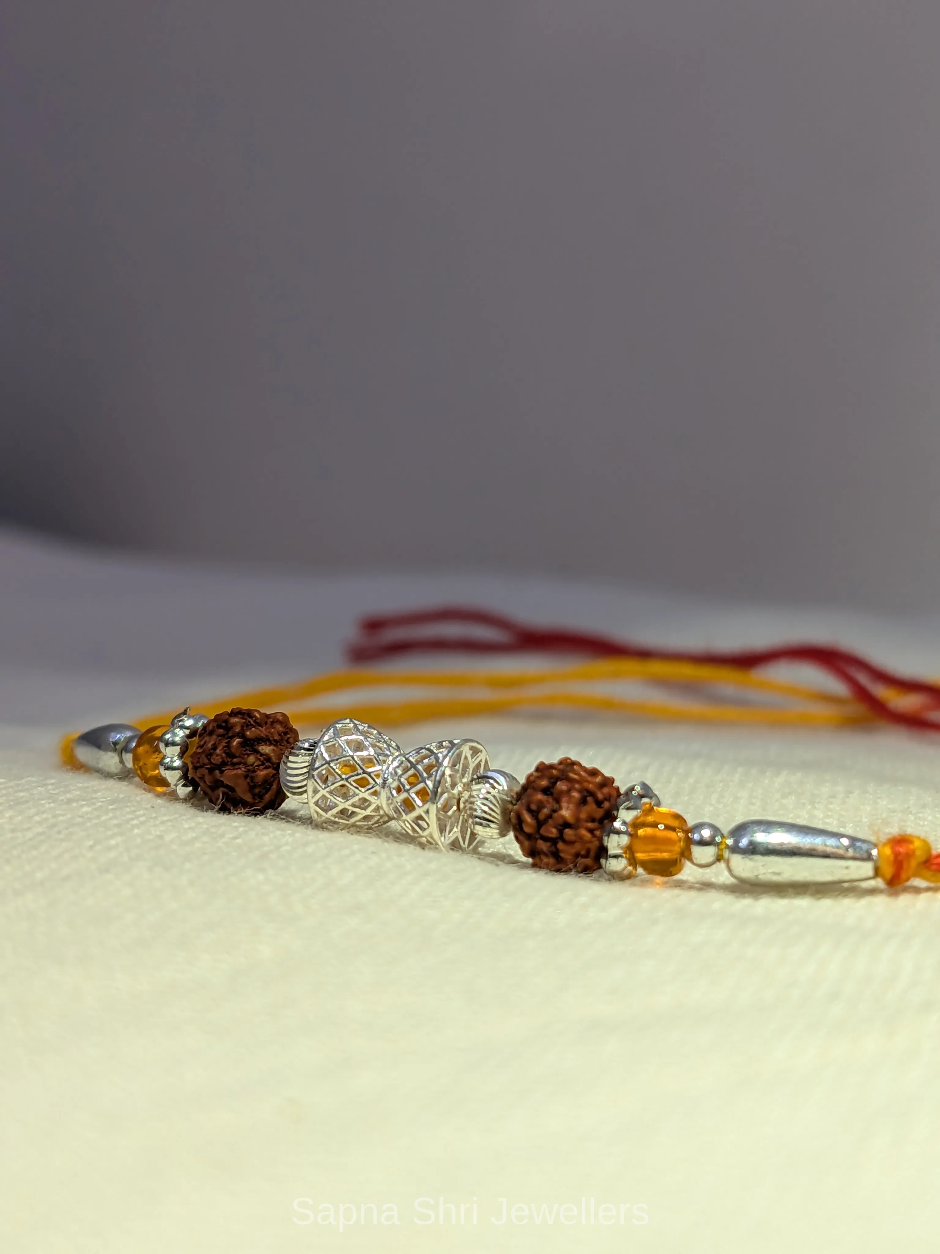 925 Silver Rudraksha Rakhi with Dual Rudraksha Beads & Designer Silver Centre thumbnail 2