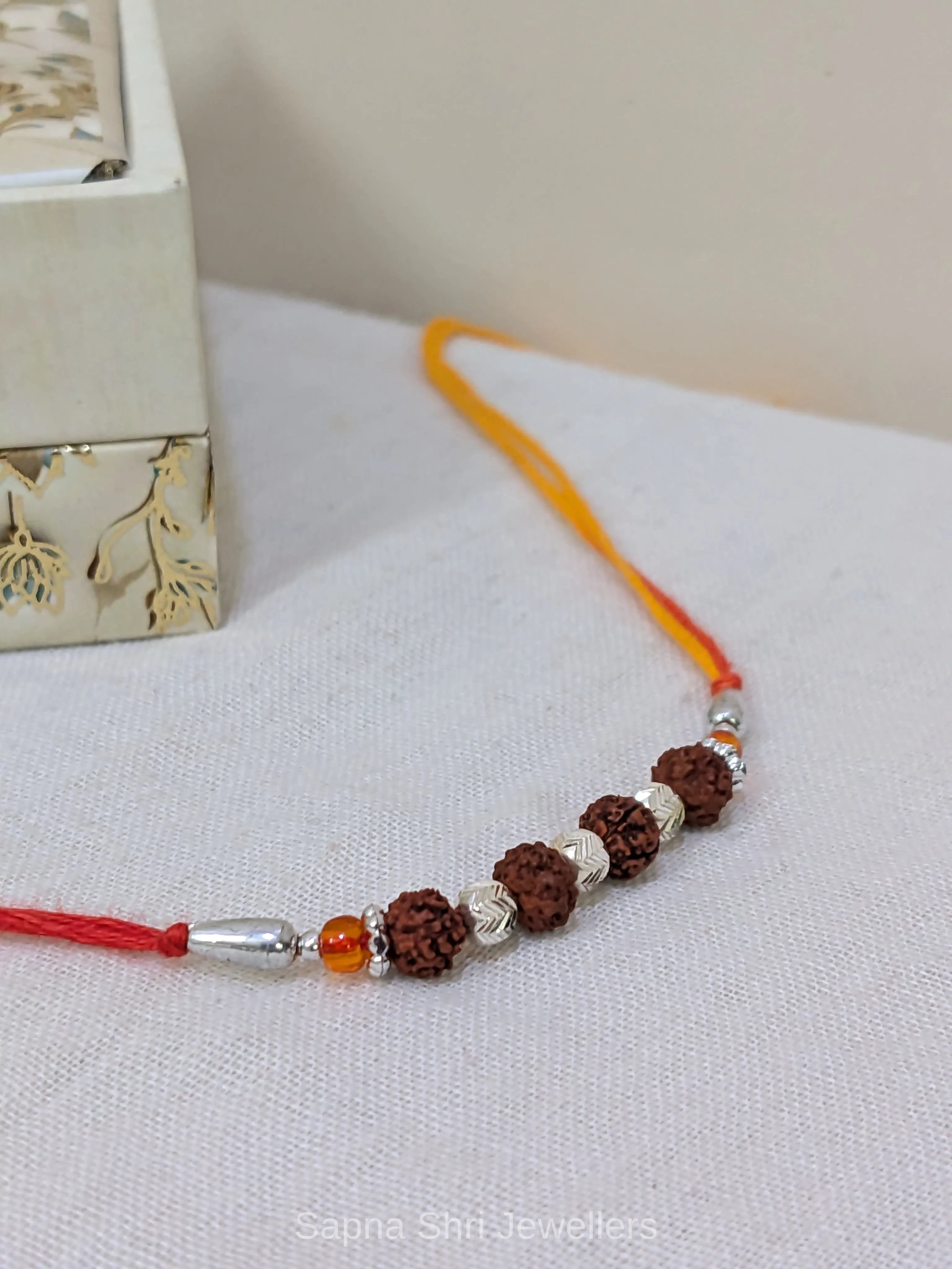 925 Silver Five Rudraksha Rakhi with Silver Beads & Traditional Thread thumbnail 2