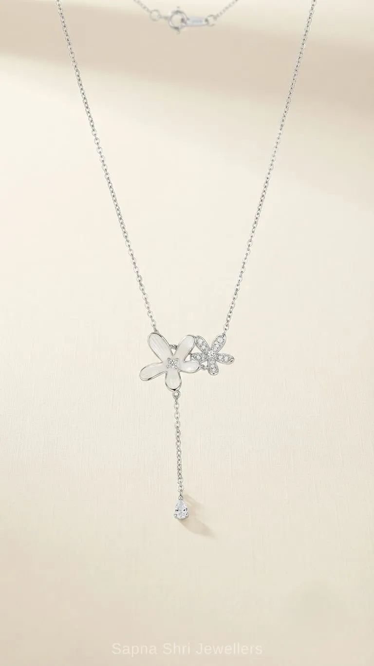 Elegant Dual Flower Silver Chain Pendant Set for Daily Wear thumbnail 2