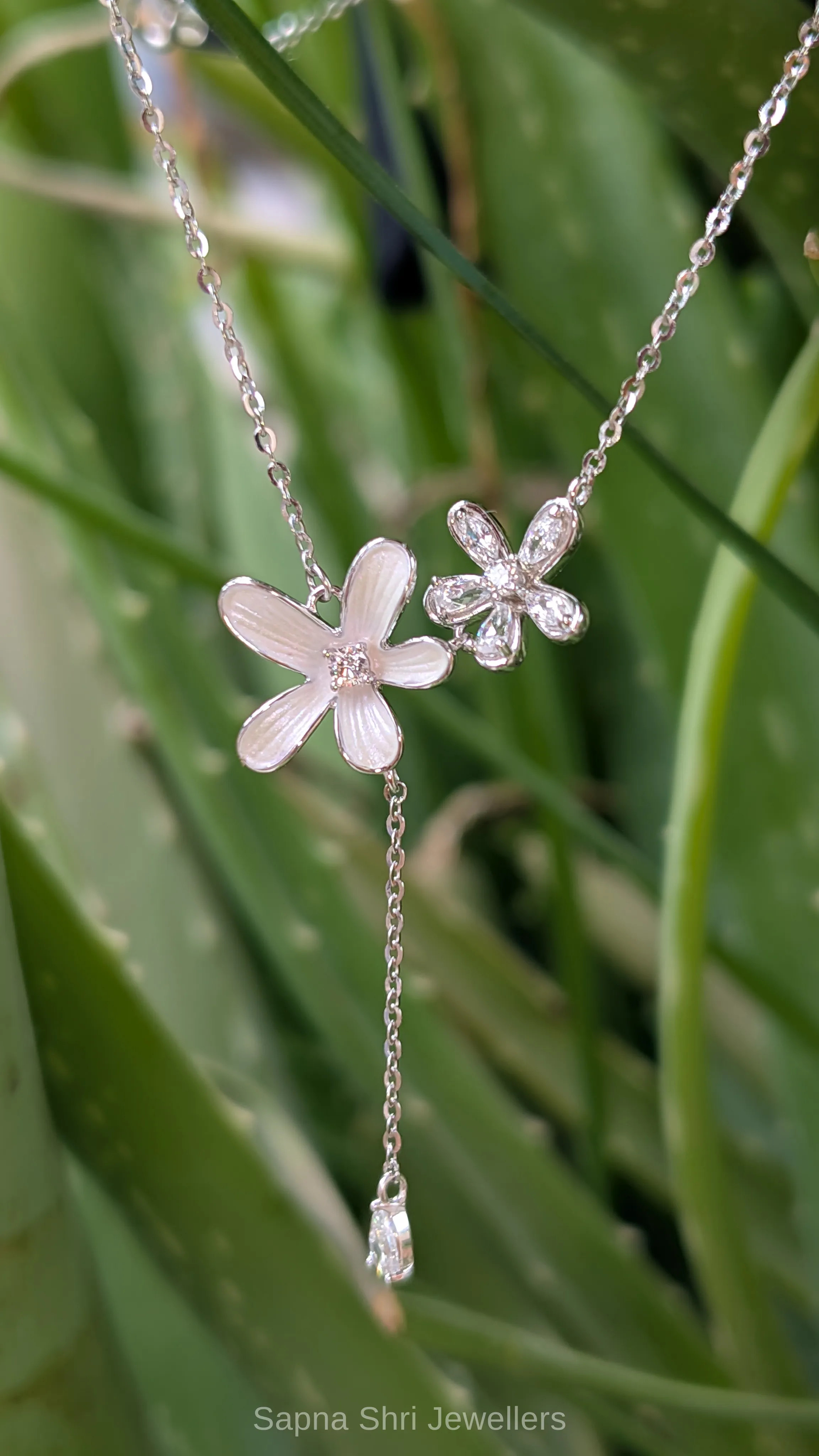 Elegant Dual Flower Silver Chain Pendant Set for Daily Wear thumbnail 3