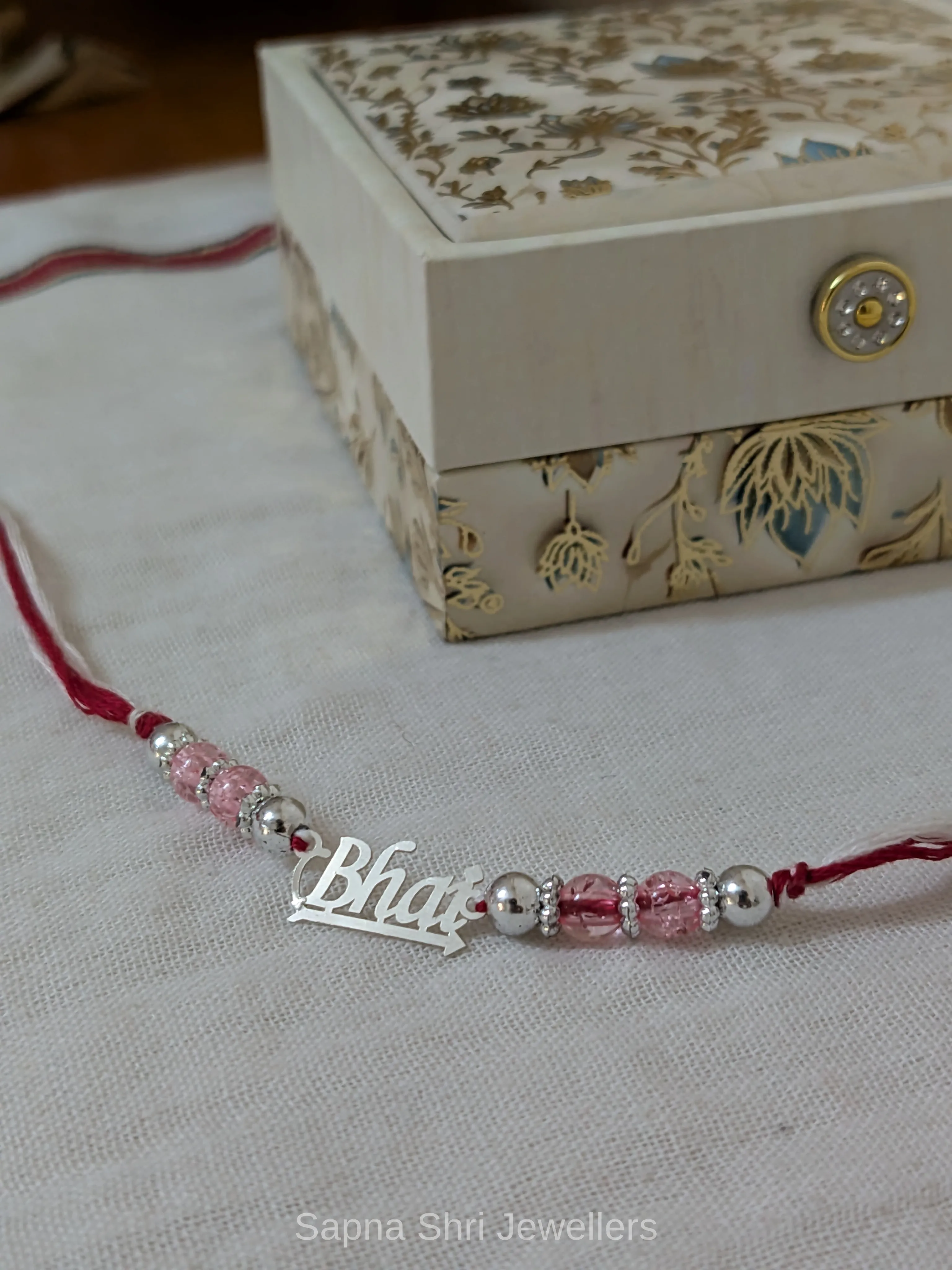 Pink Bead Bhai Silver Rakhi – Elegant Silver Rakhi for Brother thumbnail 4