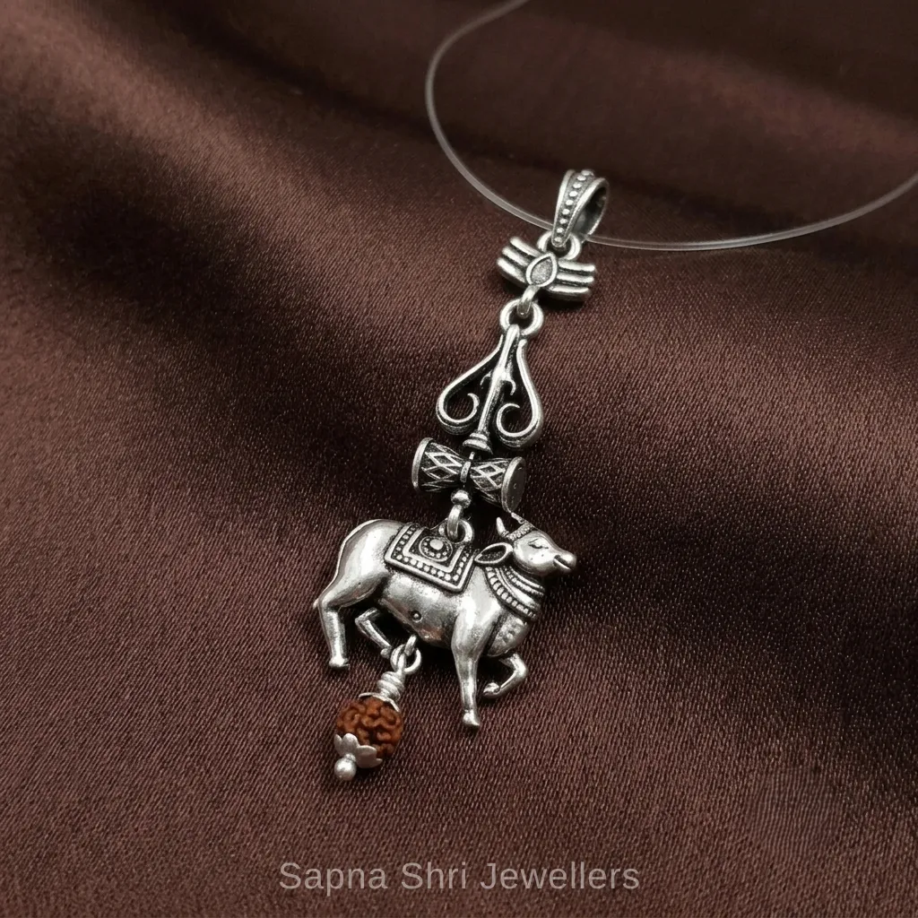 Mahadev Nandi Trishul Damru Rudraksha Silver Pendant thumbnail 4