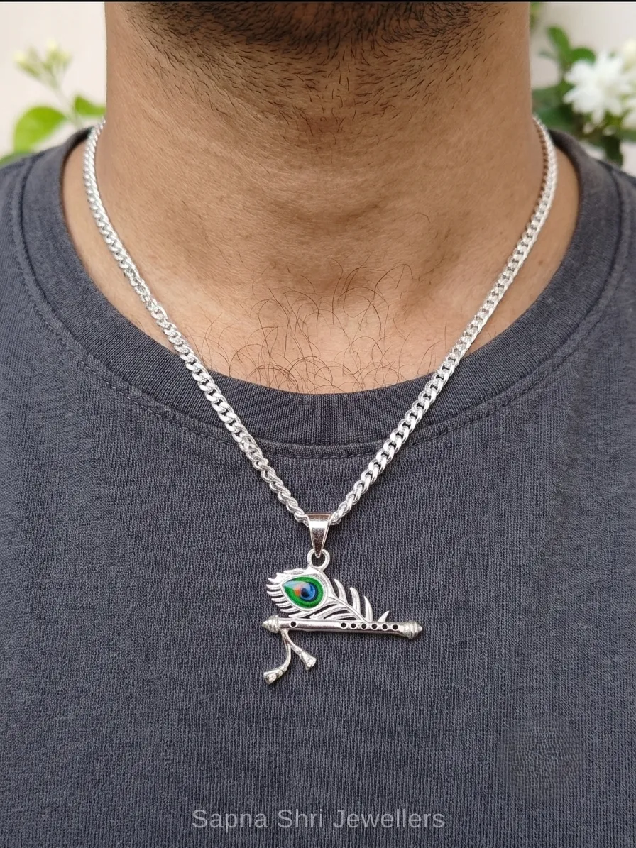 Krishna Flute Bansuri Pendant for Men and Women in Silver thumbnail 3