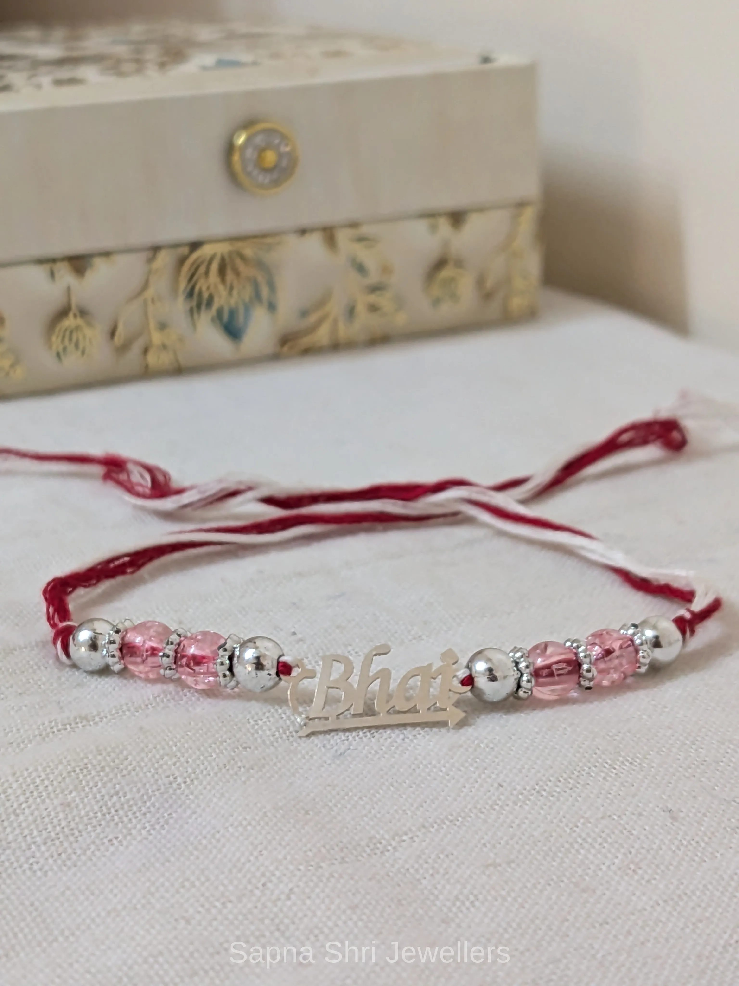 Pink Bead Bhai Silver Rakhi – Elegant Silver Rakhi for Brother thumbnail 3