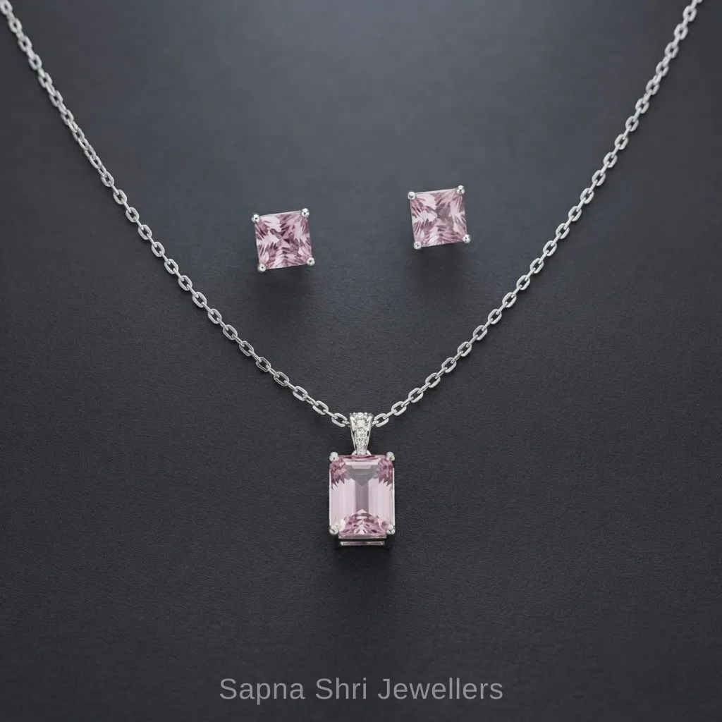 925 Sterling Silver Pink Stone Chain Pendant Set for Girls thumbnail 2