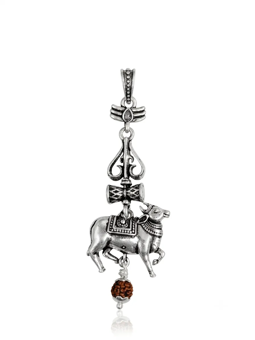 Mahadev Nandi Trishul Damru Rudraksha Silver Pendant thumbnail 2