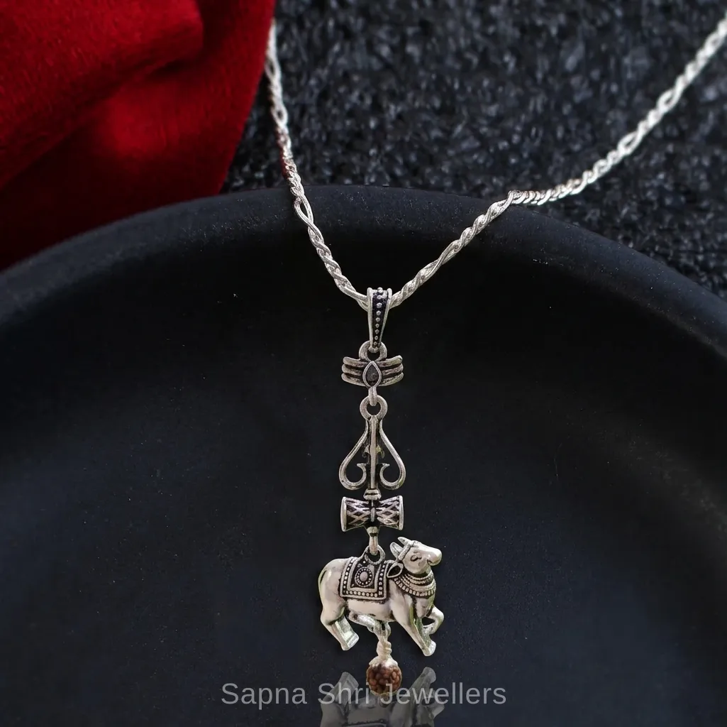 Mahadev Nandi Trishul Damru Rudraksha Silver Pendant thumbnail 3