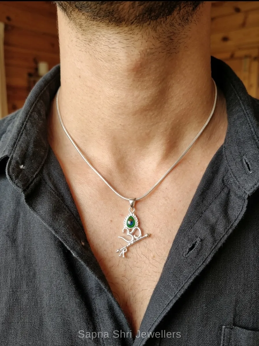 Om Trishul Damru Peacock Feather Silver Pendant thumbnail 2