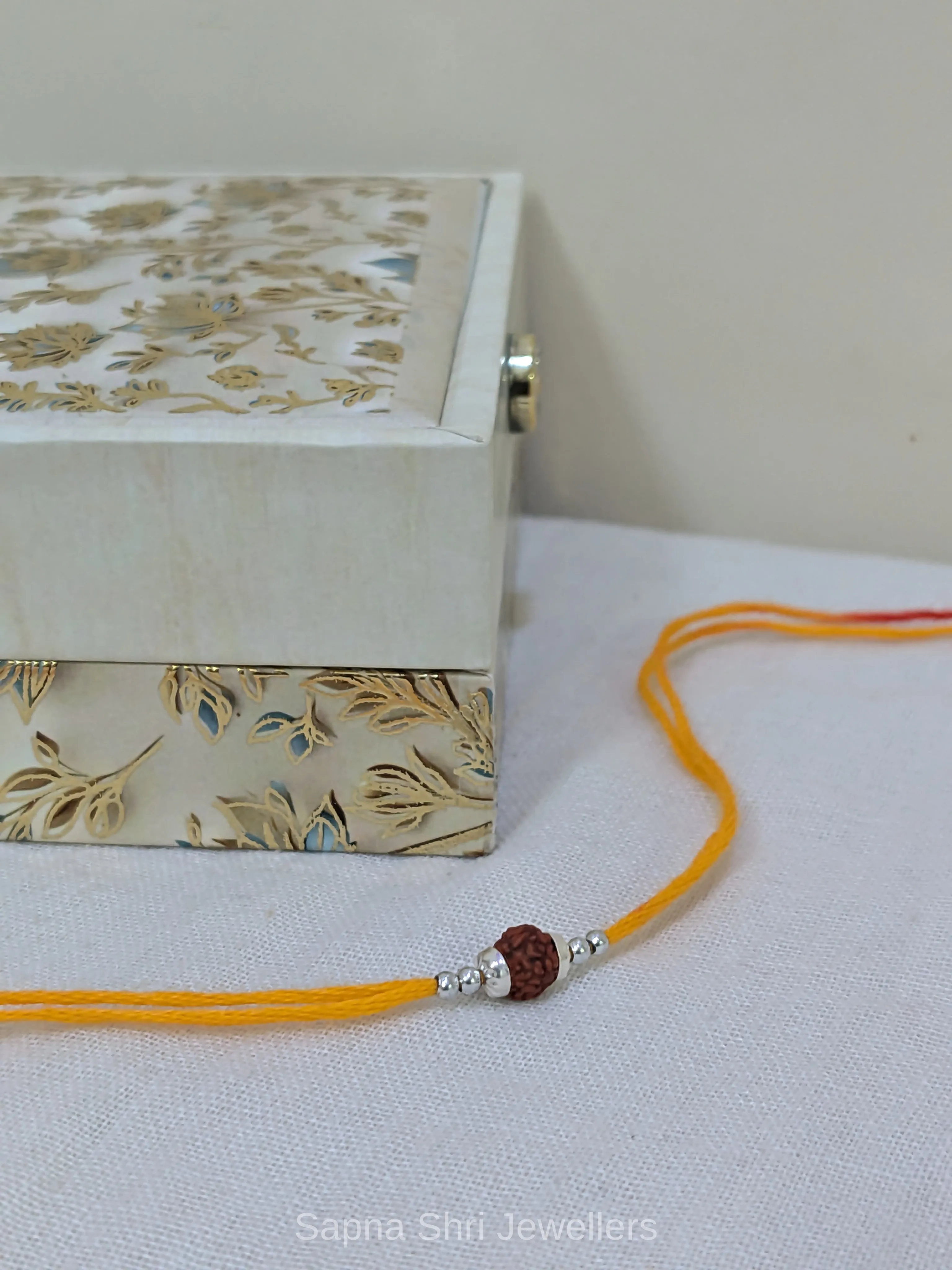 925 Silver Minimal Rudraksha Rakhi with Silver Beads & Mauli Thread thumbnail 2