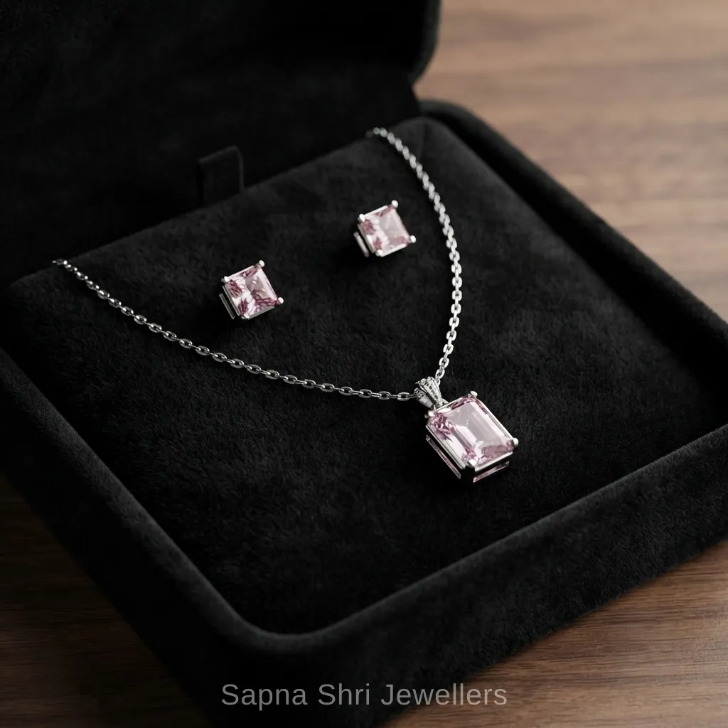 925 Sterling Silver Pink Stone Chain Pendant Set for Girls thumbnail 4