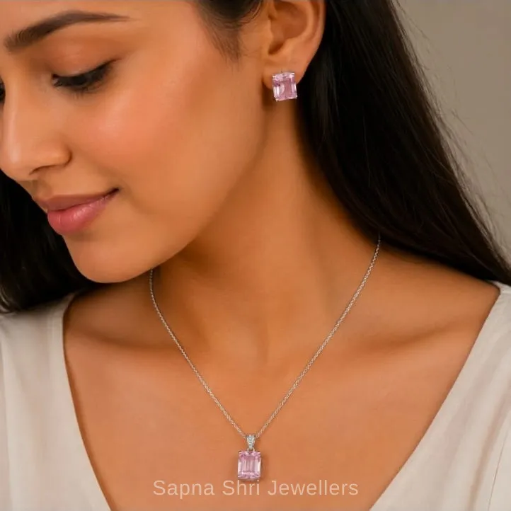 925 Sterling Silver Pink Stone Chain Pendant Set for Girls thumbnail 3