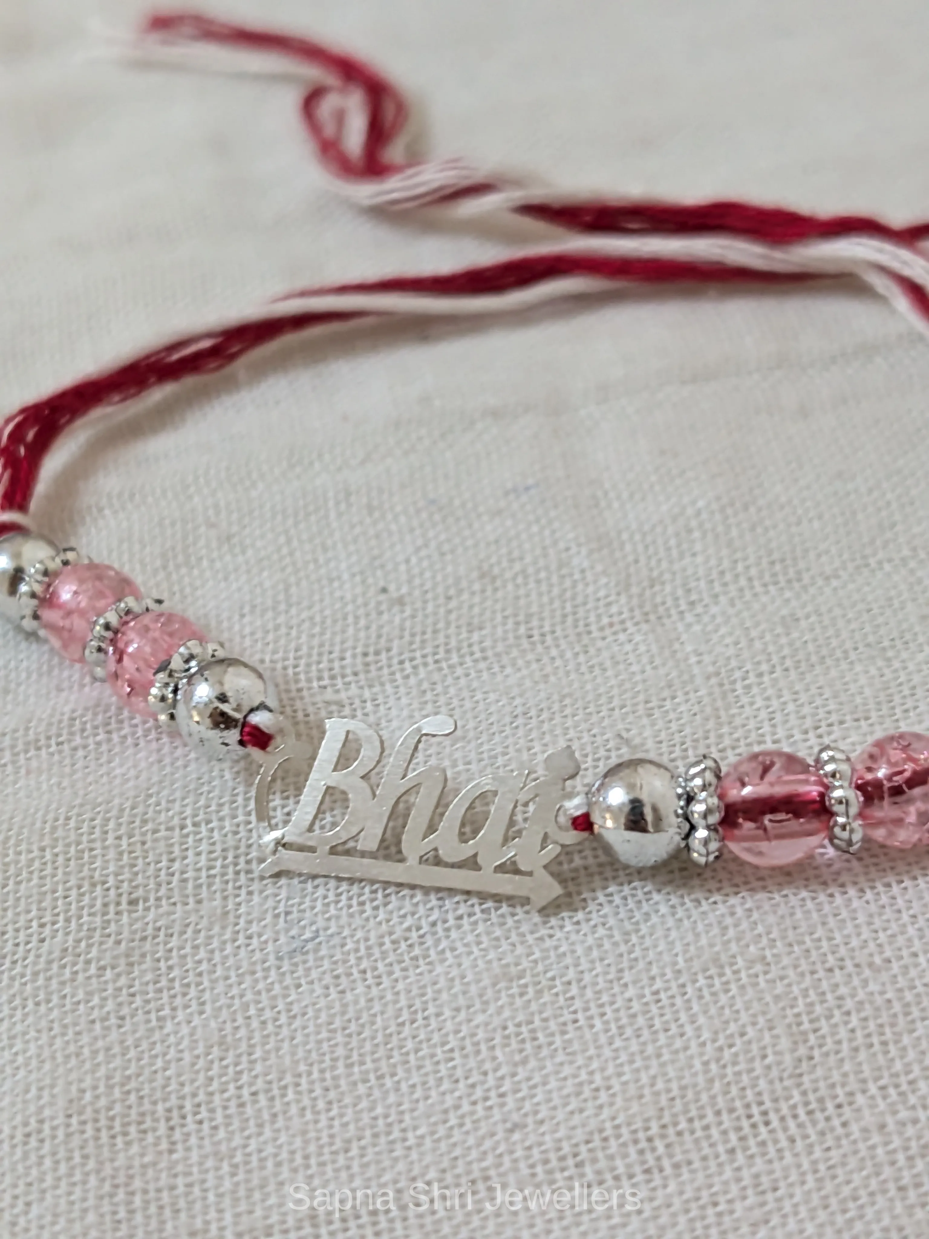 Pink Bead Bhai Silver Rakhi – Elegant Silver Rakhi for Brother thumbnail 2