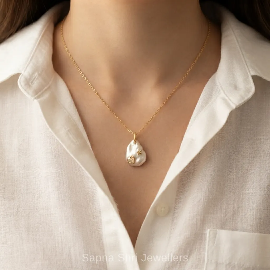 Designer Baroque Gold Polish Pearl Pendant with Zircon Heart and Star in 925 Silver thumbnail 3
