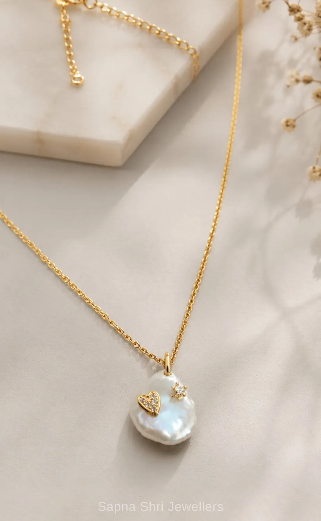 Designer Baroque Gold Polish Pearl Pendant with Zircon Heart and Star in 925 Silver thumbnail 4
