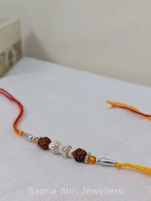 925 Silver Rudraksha Rakhi with Dual Rudraksha Beads & Designer Silver Centre