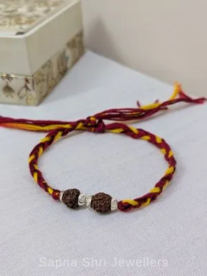 925 Silver Twin Rudraksha Rakhi with Minimal Silver Beads