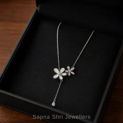 Elegant Dual Flower Silver Chain Pendant Set for Daily Wear Elegant Dual Flower Silver Chain Pendant Set for Daily Wear