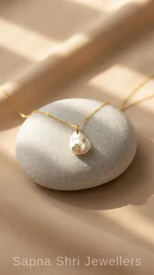 Designer Baroque Gold Polish Pearl Pendant with Zircon Heart and Star in 925 Silver