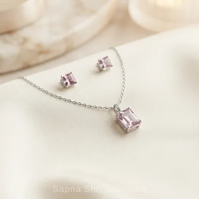 925 Sterling Silver Pink Stone Chain Pendant Set for Girls