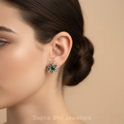 Emerald Flora Silver Studs